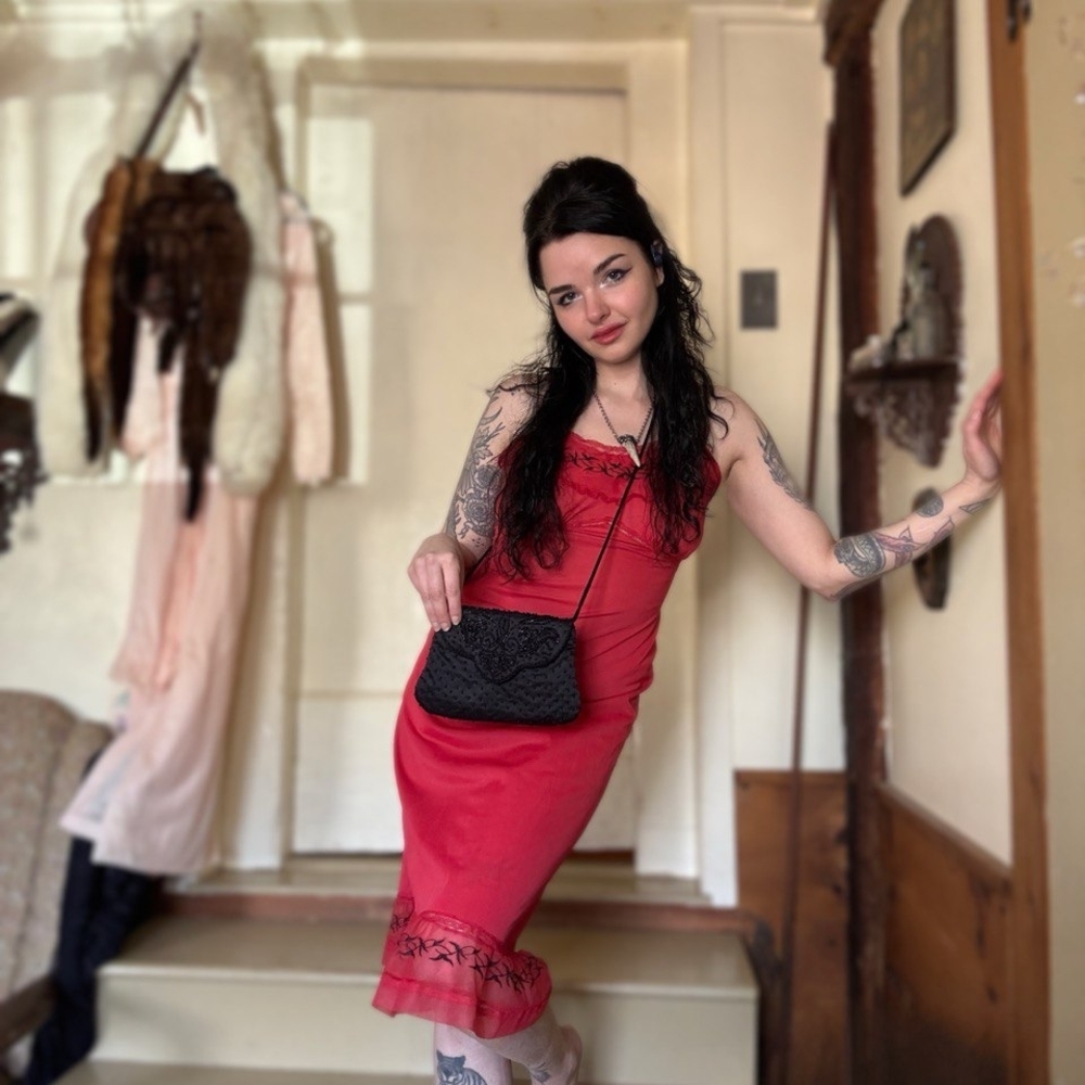 Sleek Red Lace-Trim Slip Maxi Dress